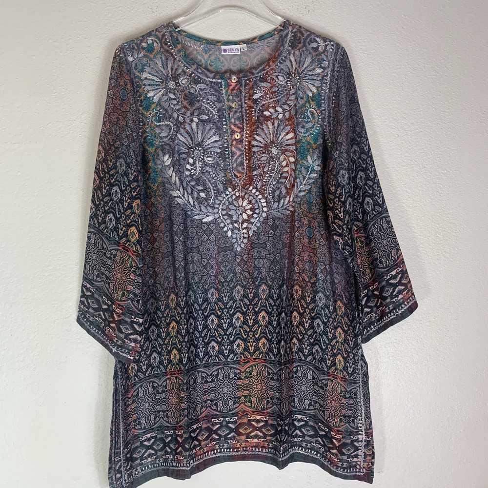 Sevya Tunic Top Large Boho Hippie Embroidered Polysilk Indie Eclectic Patchwork‎